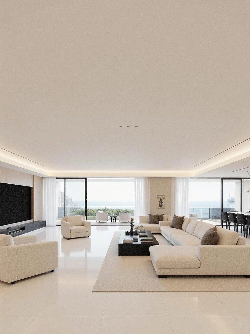 A bright living room relies on open sight lines and generous space.