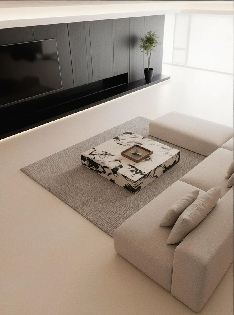 Cream upholstery and a pale base palette keep visual weight low.