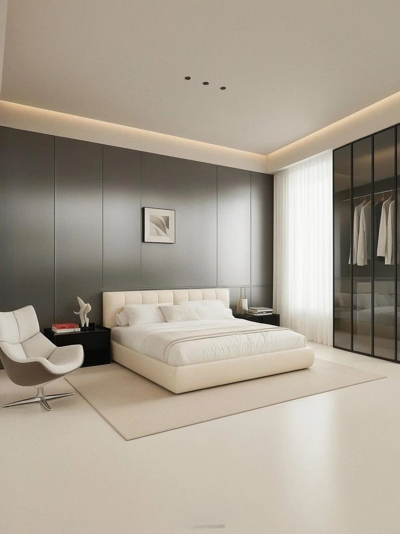 Charcoal paneling introduces contrast without relying on saturated color.