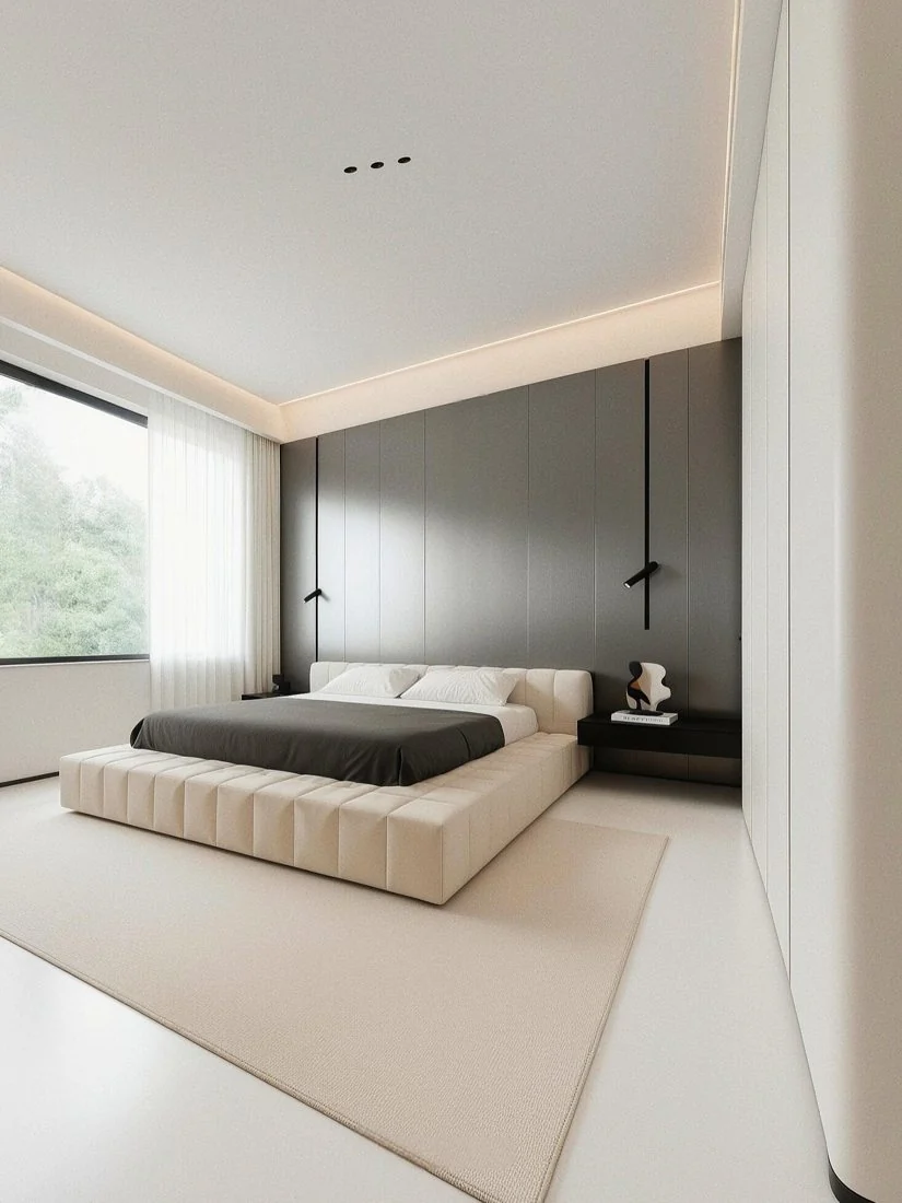 Subtle bedside lighting creates a warmer evening mood.