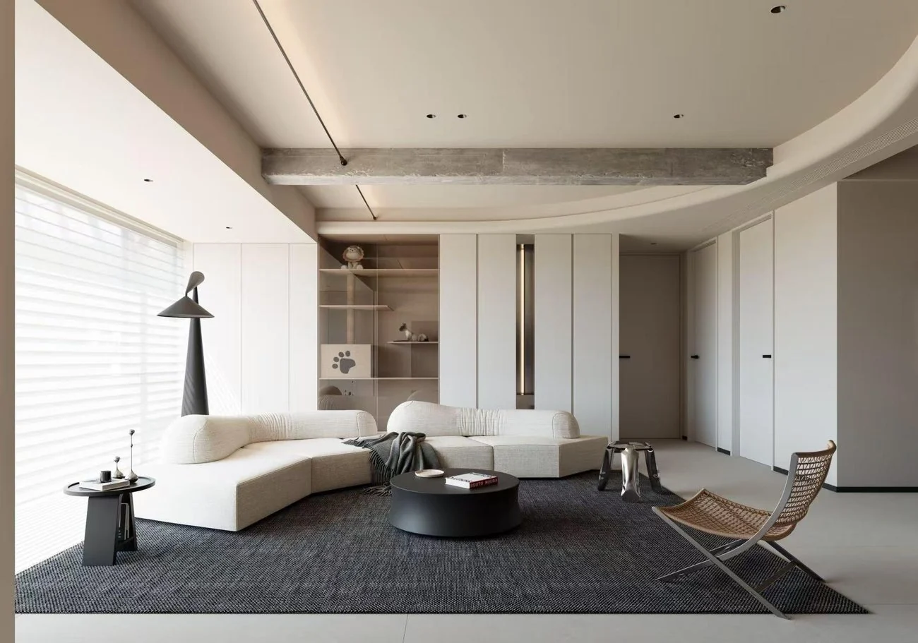 An open living-room arrangement preserves comfortable circulation.