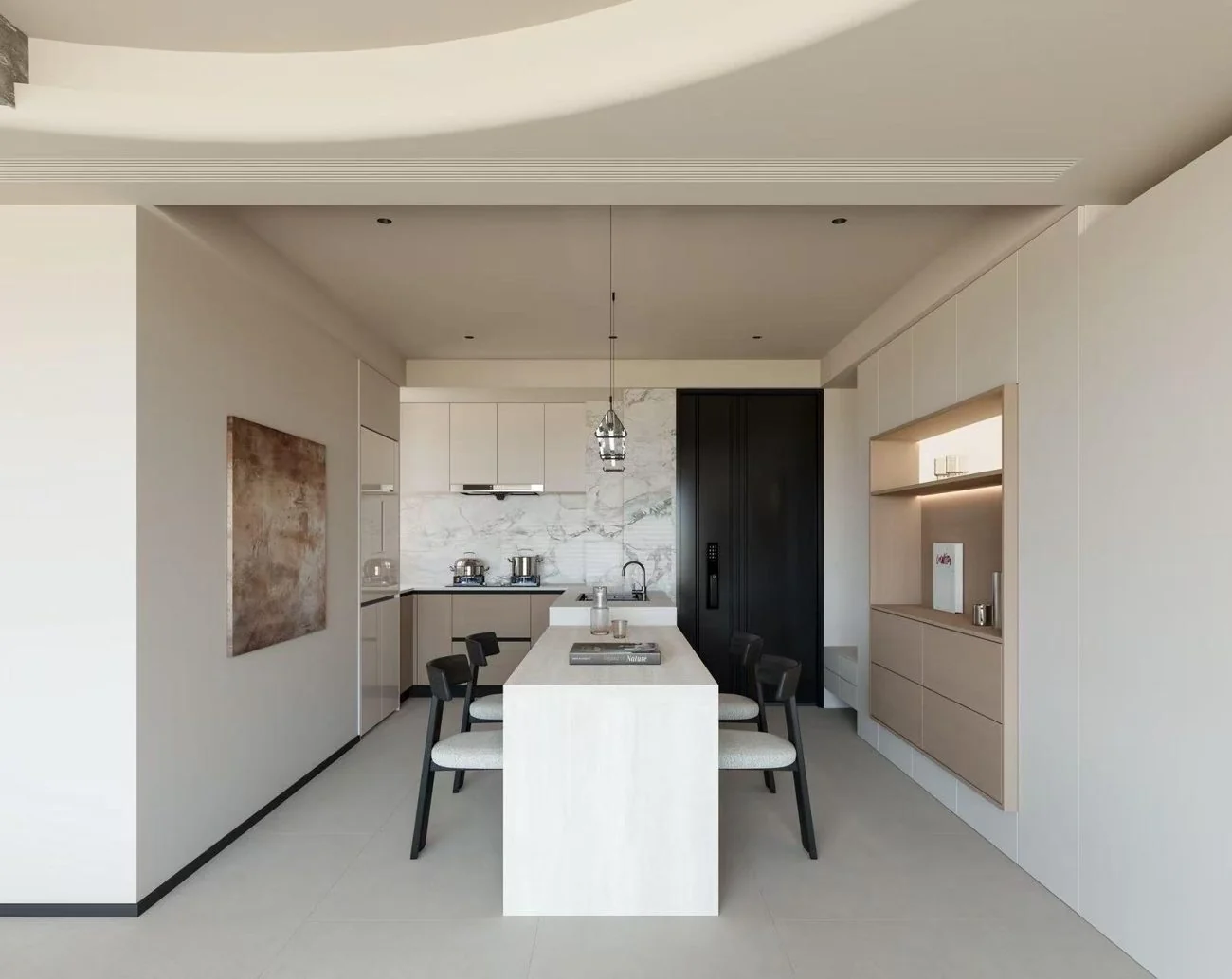 An open-plan island uses repetition and open circulation.