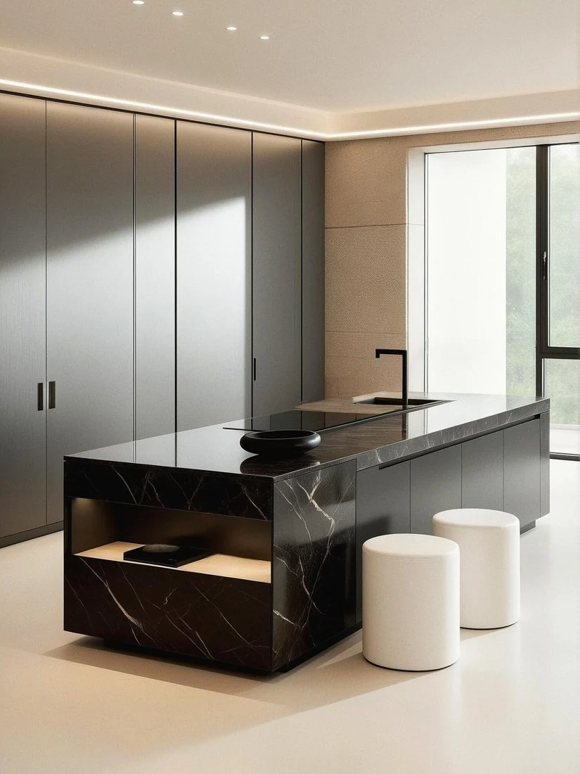 A black kitchen island contrasts against smooth neutral cabinetry.