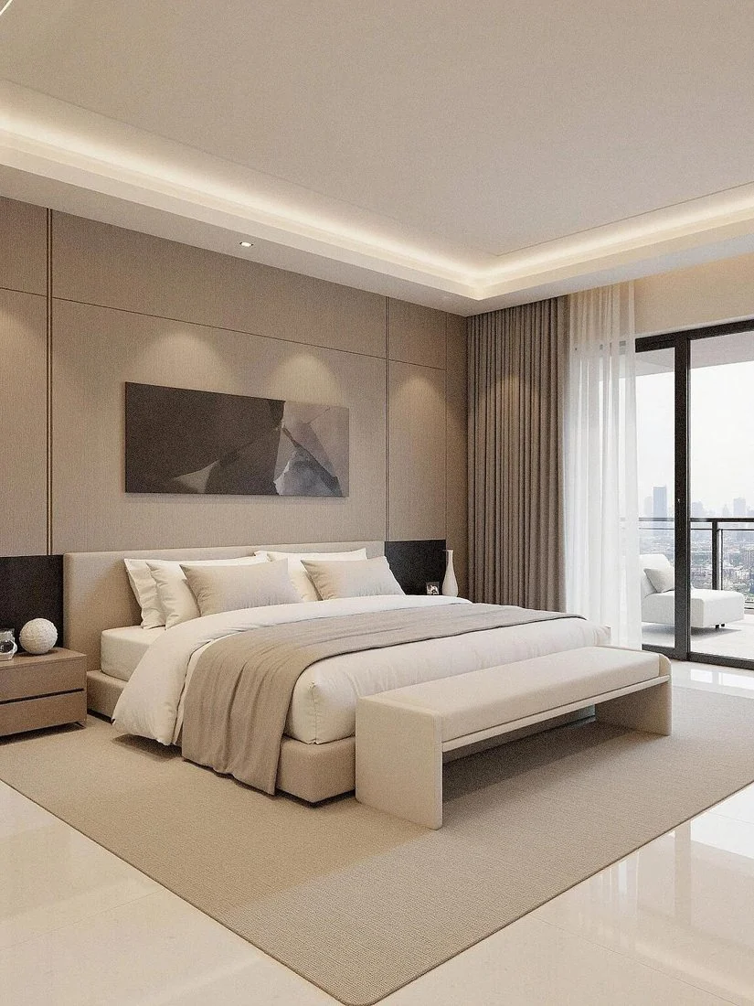 A beige bed with soft drapery gives minimalism a restful mood.