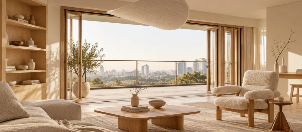 Bright Japandi living room with cream sofa, pale wood furniture, sculptural pendant light and a sunlit terrace