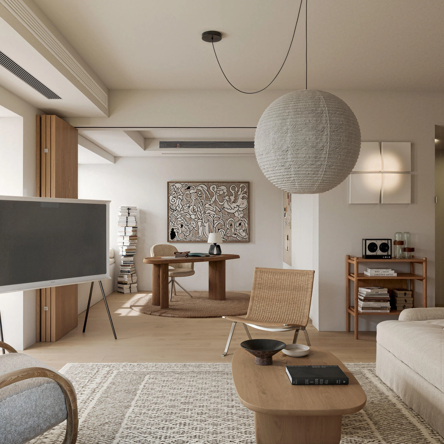 Minimal Japandi living room with light wood and natural woven furniture