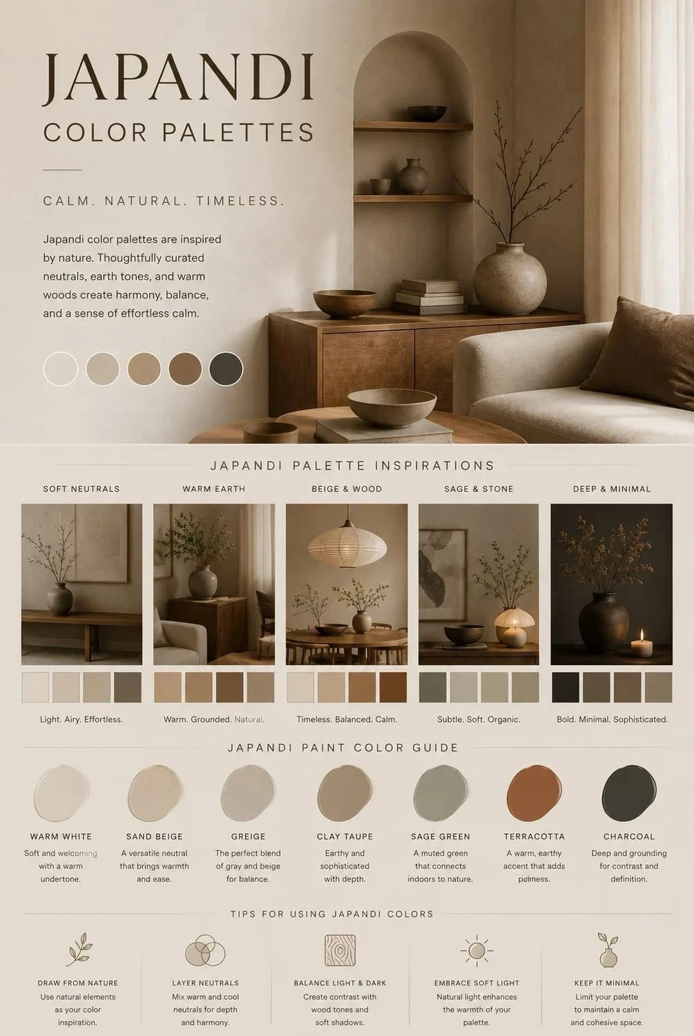 English Japandi color palette infographic with warm neutrals, earth tones and decor inspirations