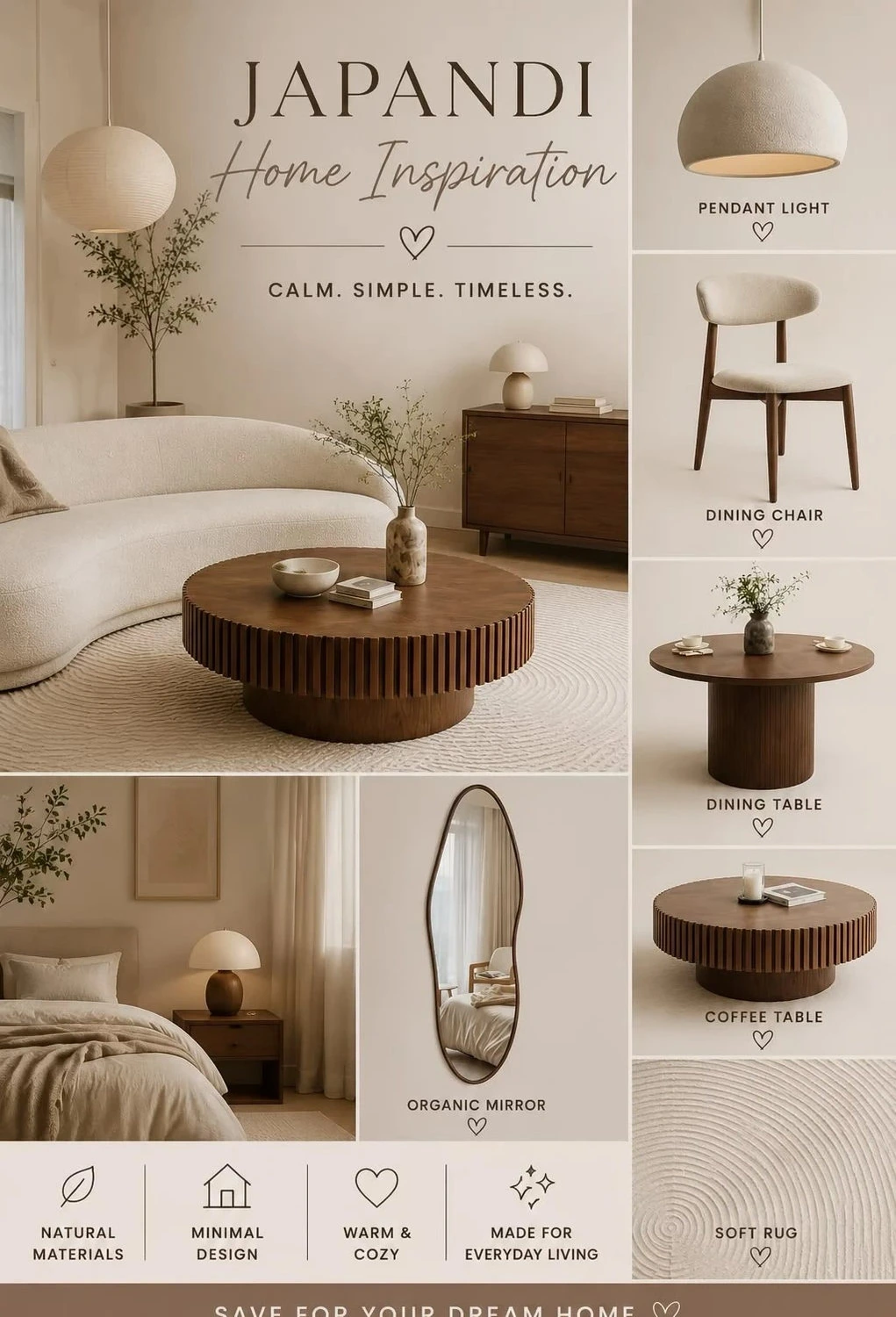 Japandi furniture mood board with sofa, dining chair, round table, coffee table, mirror and rug