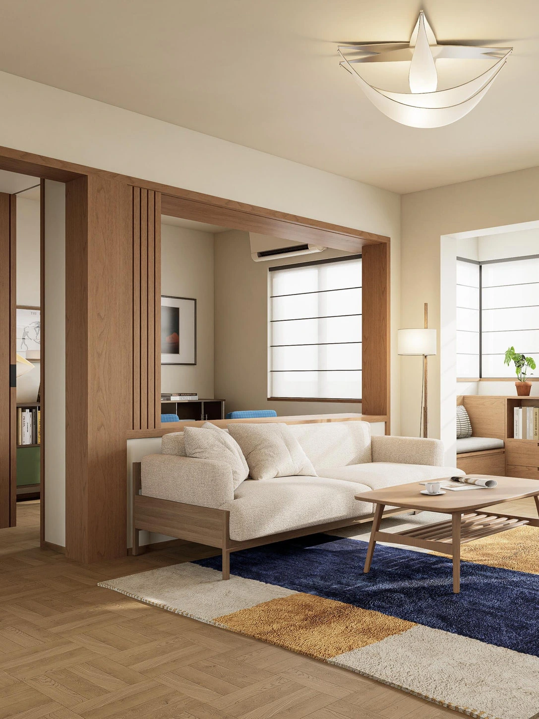 Living room in a Shenzhen Japandi renovation with pale sofa and warm wood furniture