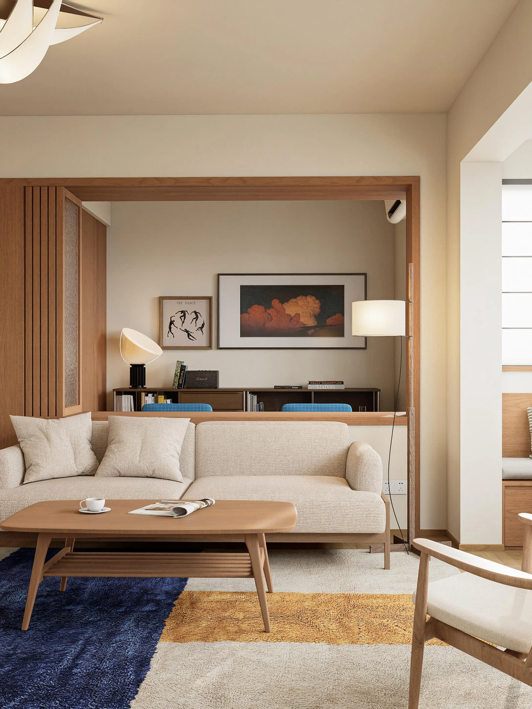 Close view of Japandi seating and wood coffee table in a Shenzhen apartment