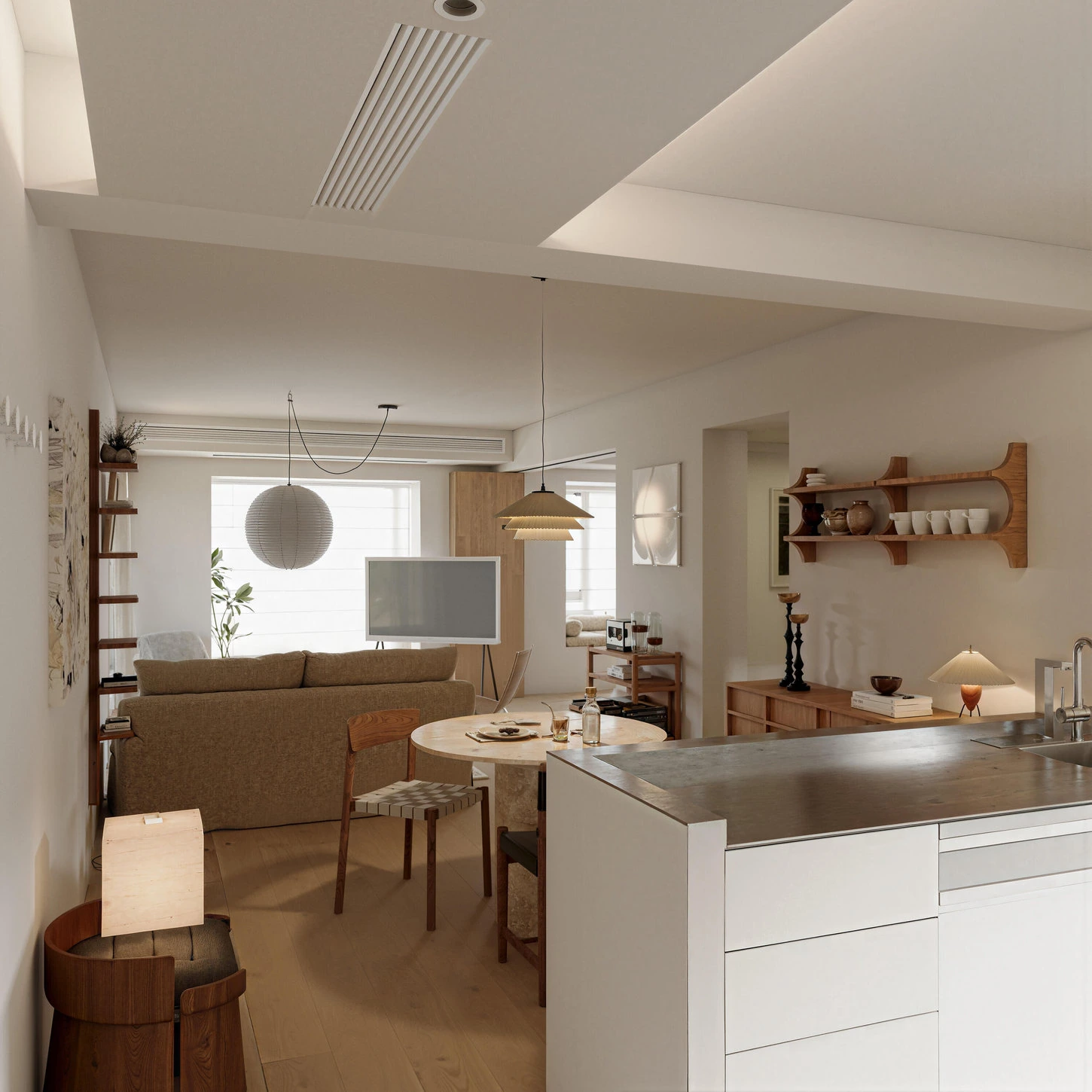 Minimal Japandi open kitchen with white cabinetry, timber shelves and dining table