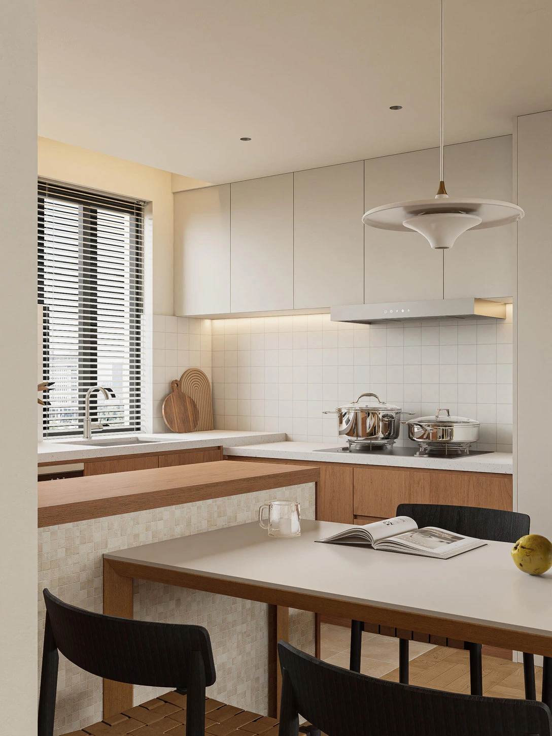 Japandi kitchen with pale cabinet doors, wood counter and simple dining chairs