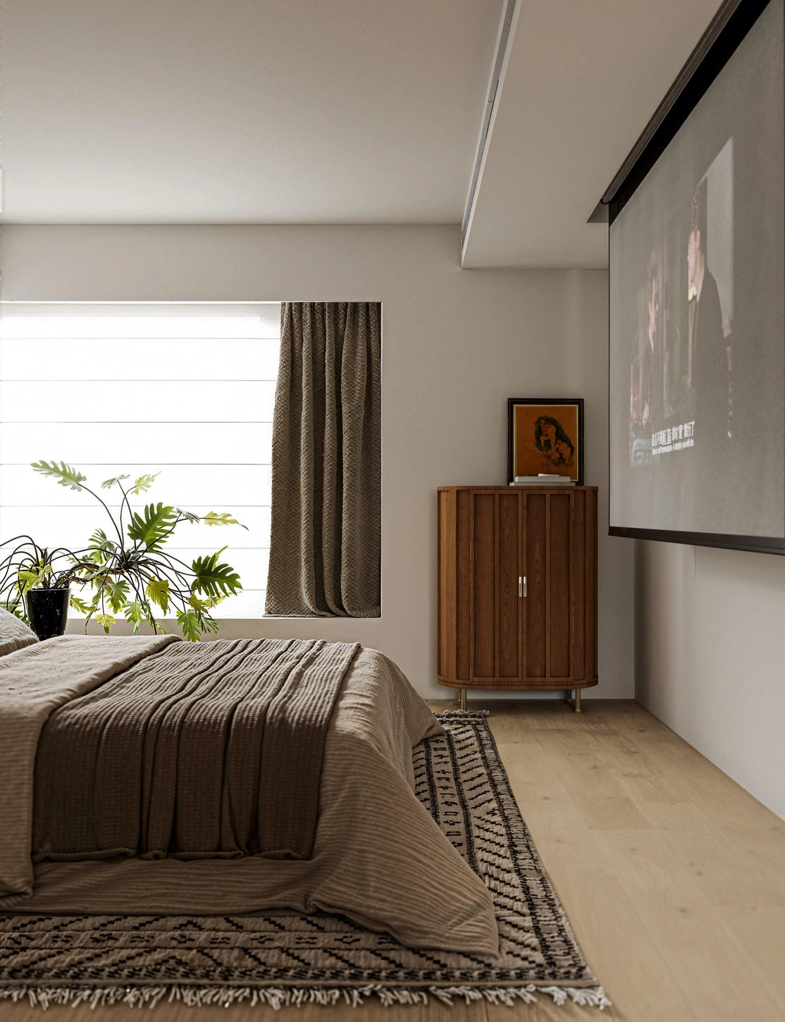 Japandi bedroom with low bed, muted textiles and natural wood floor
