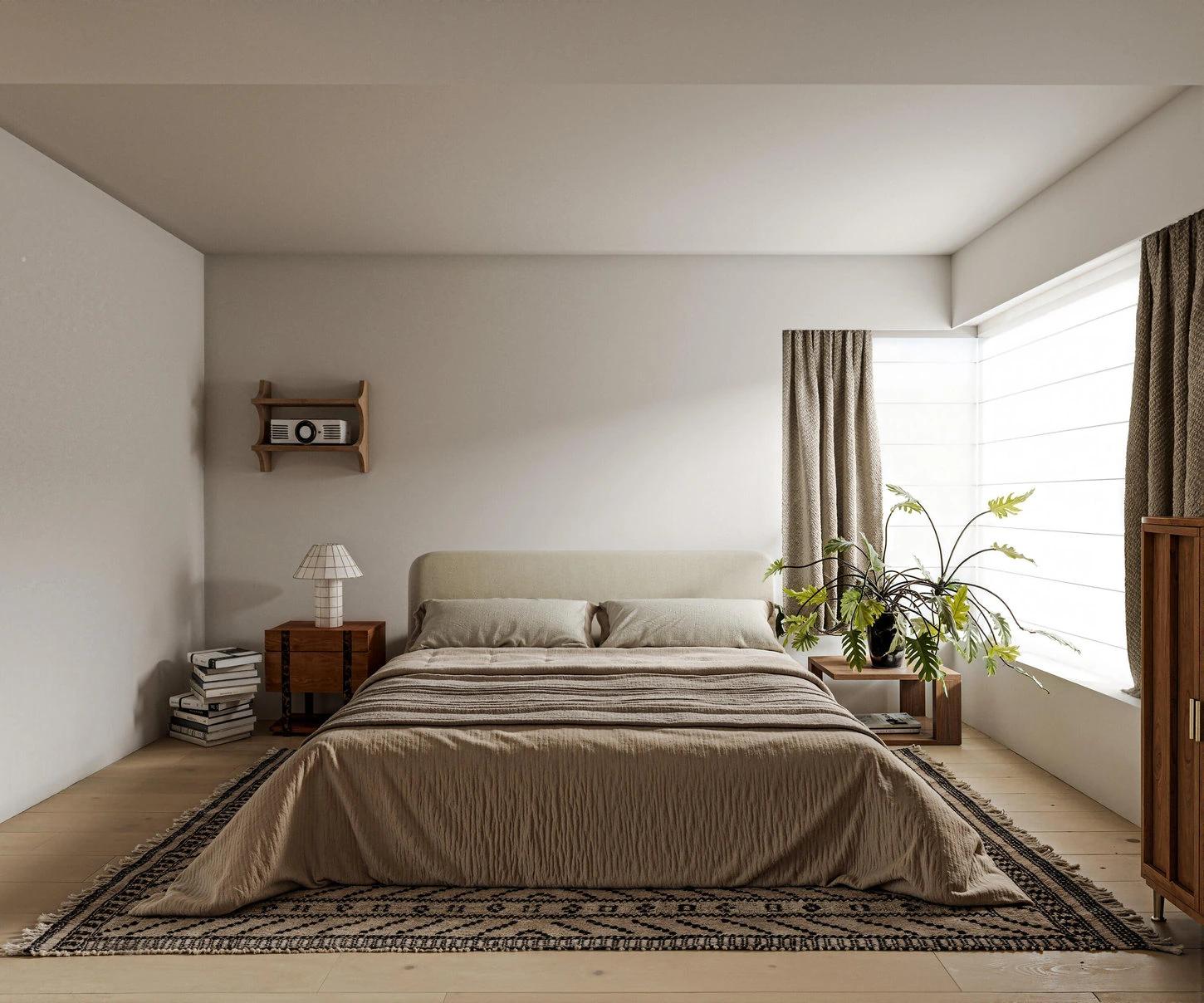 Japandi bedroom with taupe bedding, low furniture and soft daylight