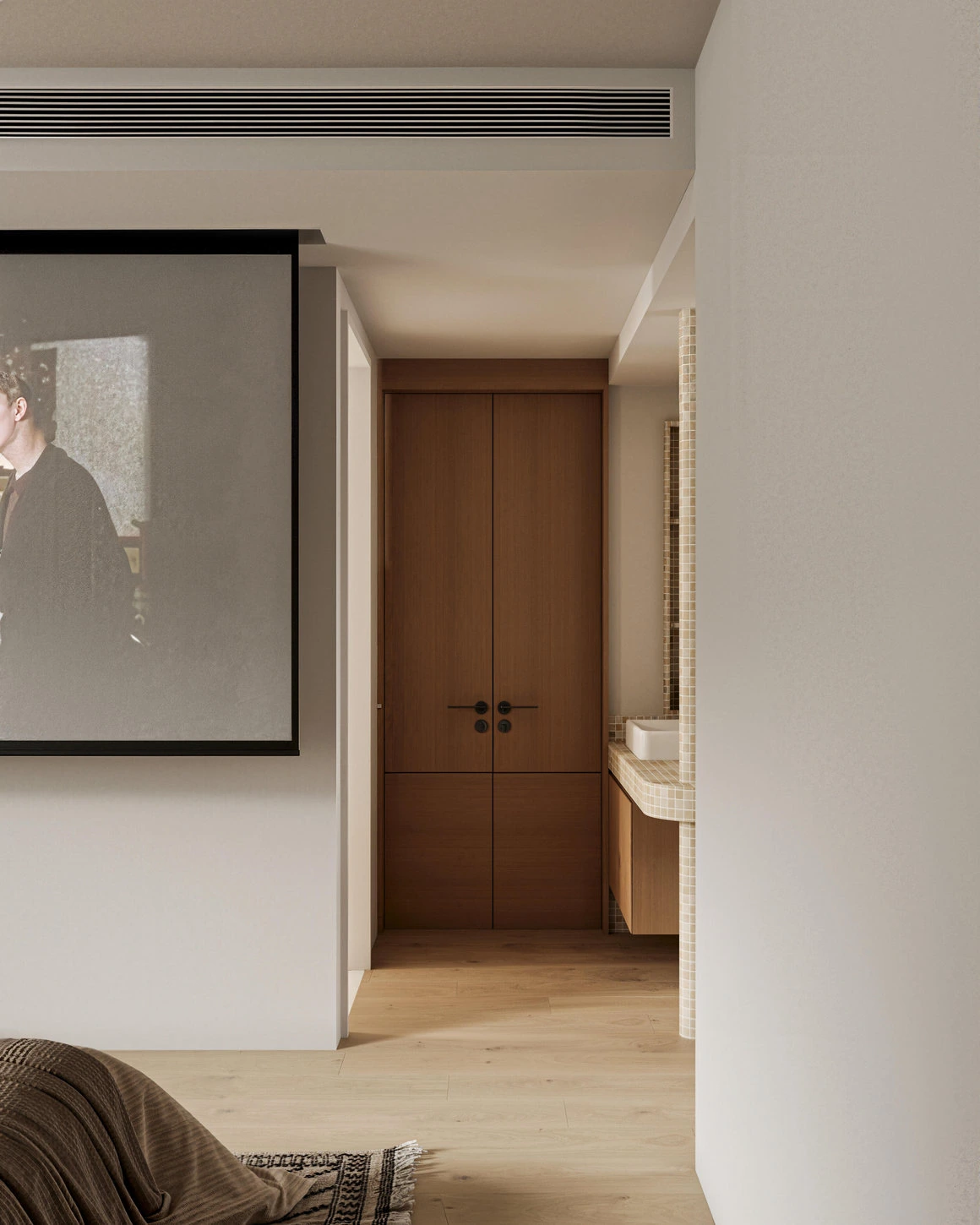 Minimal bedroom corridor with concealed storage and warm wood doors