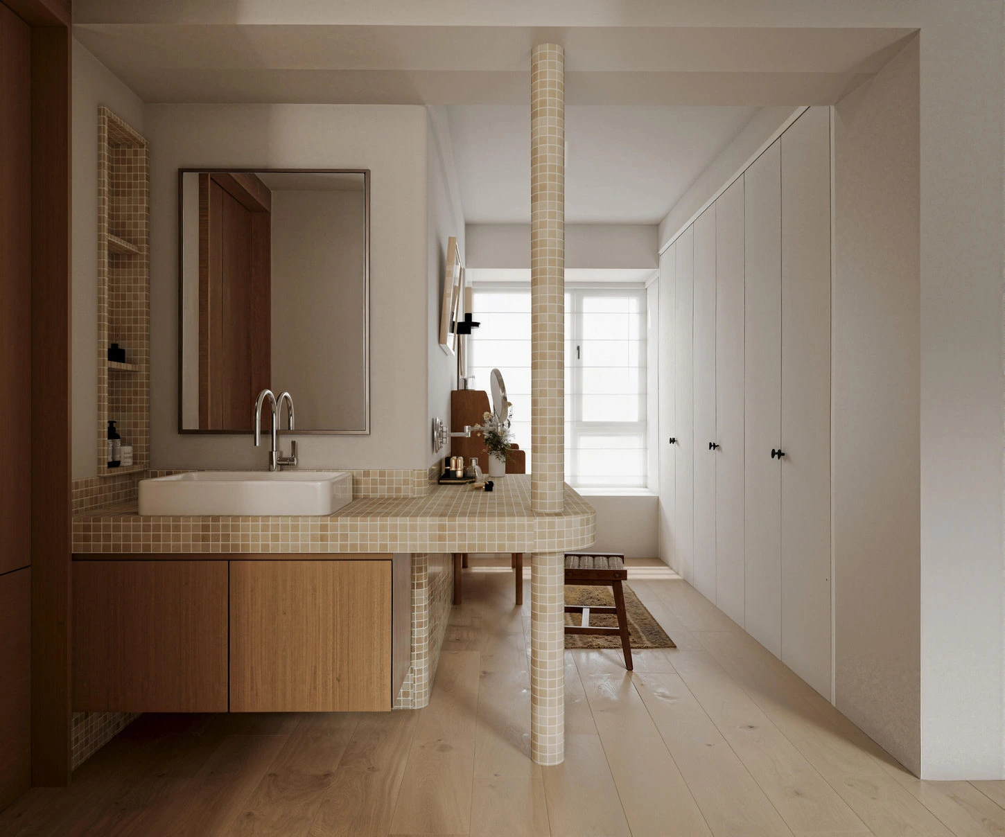 Japandi bathroom with wooden vanity, stone basin and warm neutral finishes