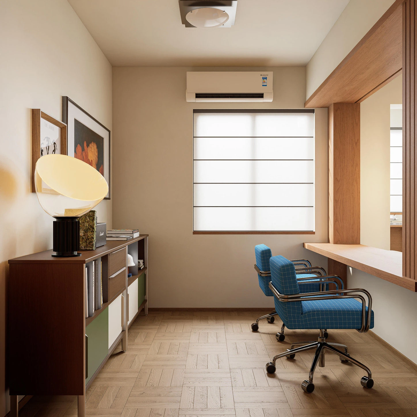 Japandi home office with wood built-in desk, blue chair and minimalist storage