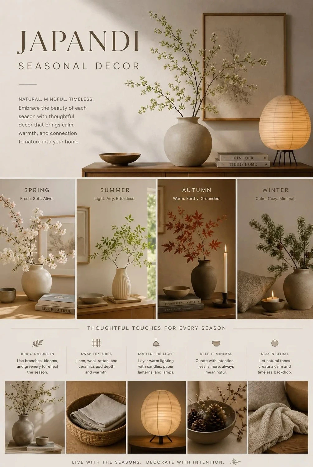 English Japandi seasonal decor infographic with spring summer autumn and winter styling