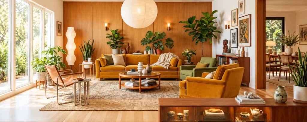 Sunlit mid-century modern living room with mustard sofa, walnut wall panels, lounge chairs, plants and sculptural lighting
