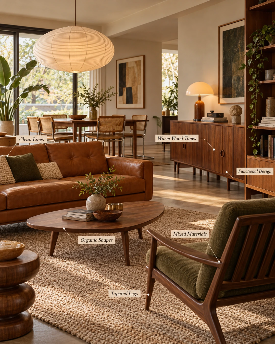 Six characteristics of mid-century modern furniture in a warm interior: clean lines, warm wood tones, functional design, organic shapes, mixed materials and tapered legs
