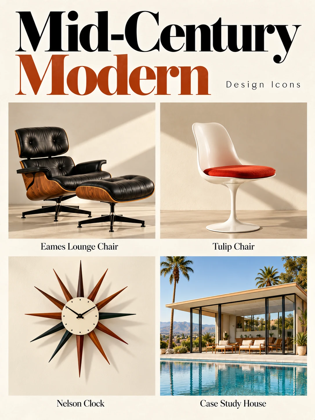 Classic design references: lounge seating, a pedestal chair, starburst clock and modernist architecture.