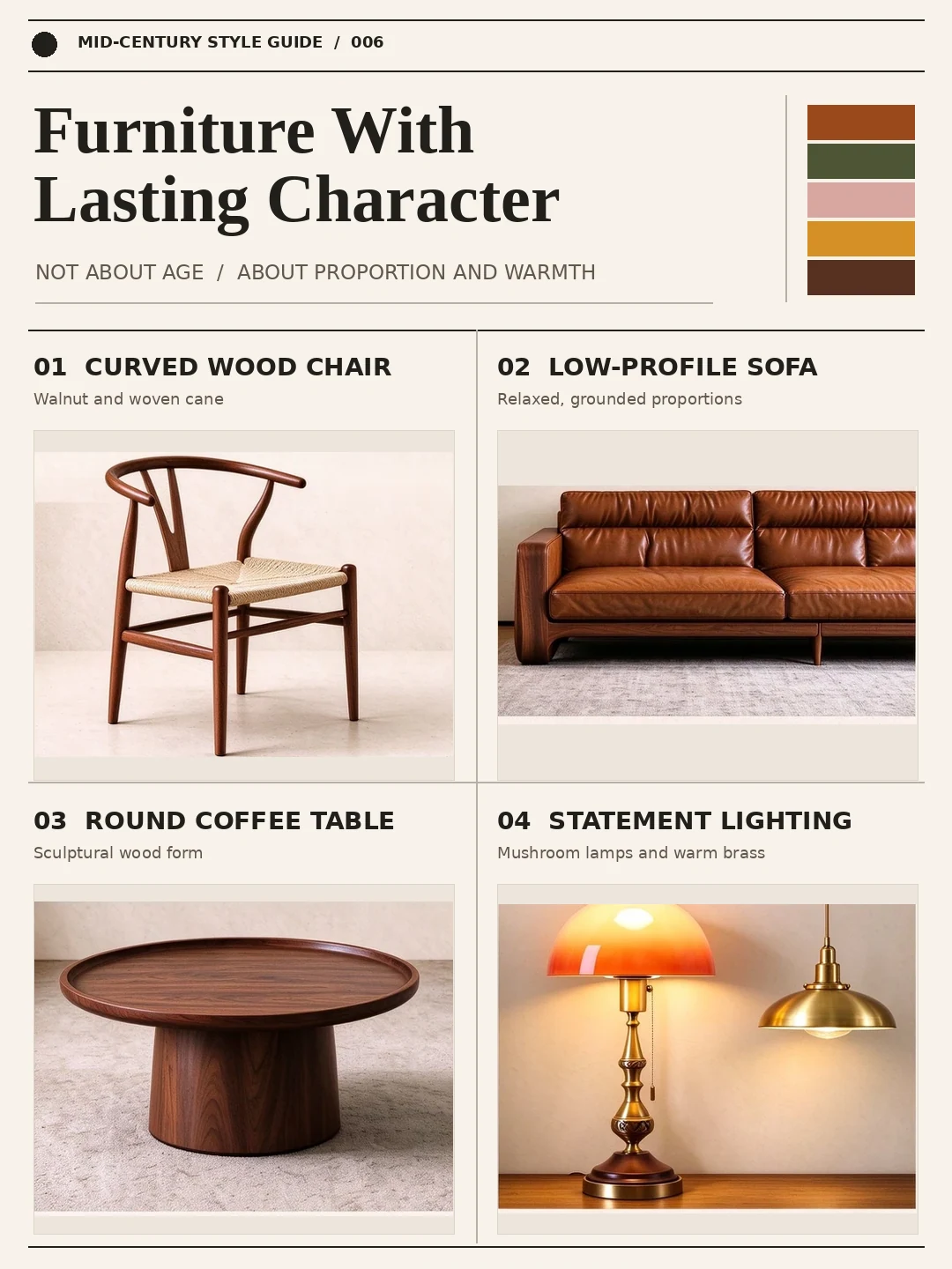English-language mid-century furniture guide showing a curved chair, leather sofa, round coffee table and lamps.