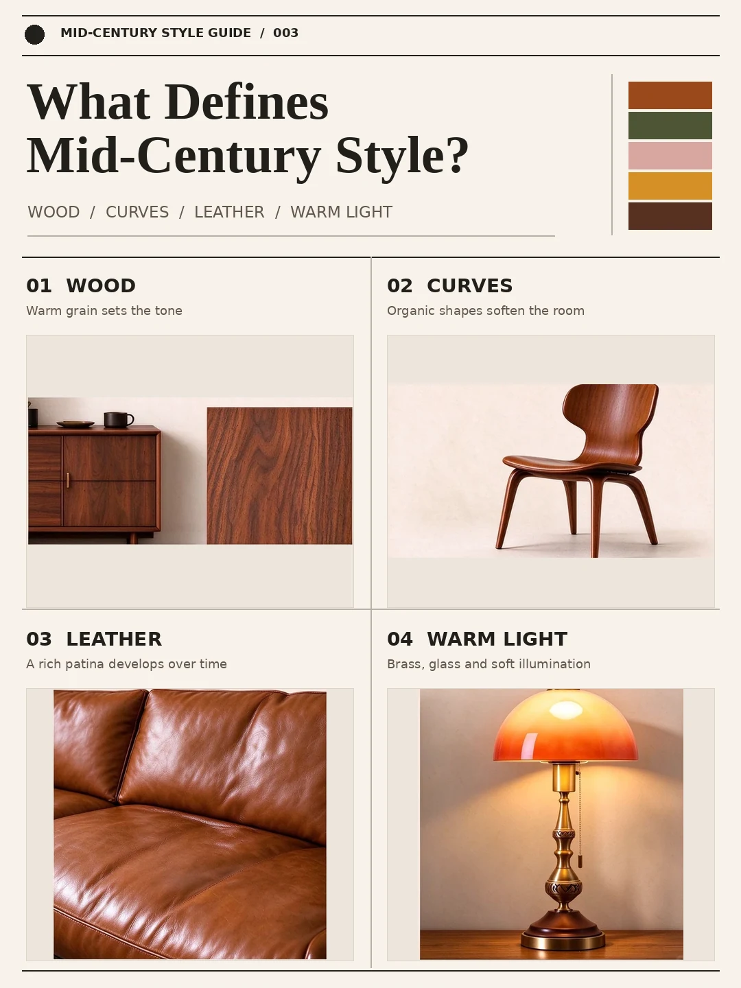 English editorial guide to mid-century materials: warm wood, curved furniture, leather and lighting.