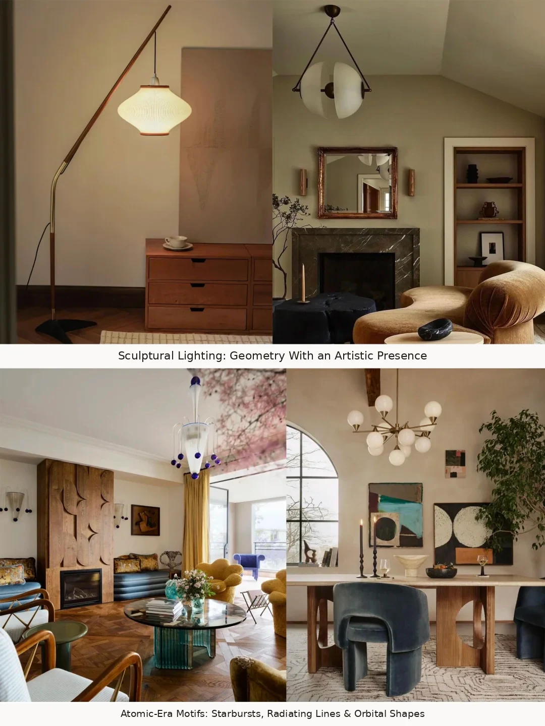English collage of sculptural mid-century lighting and atomic-era interior motifs.