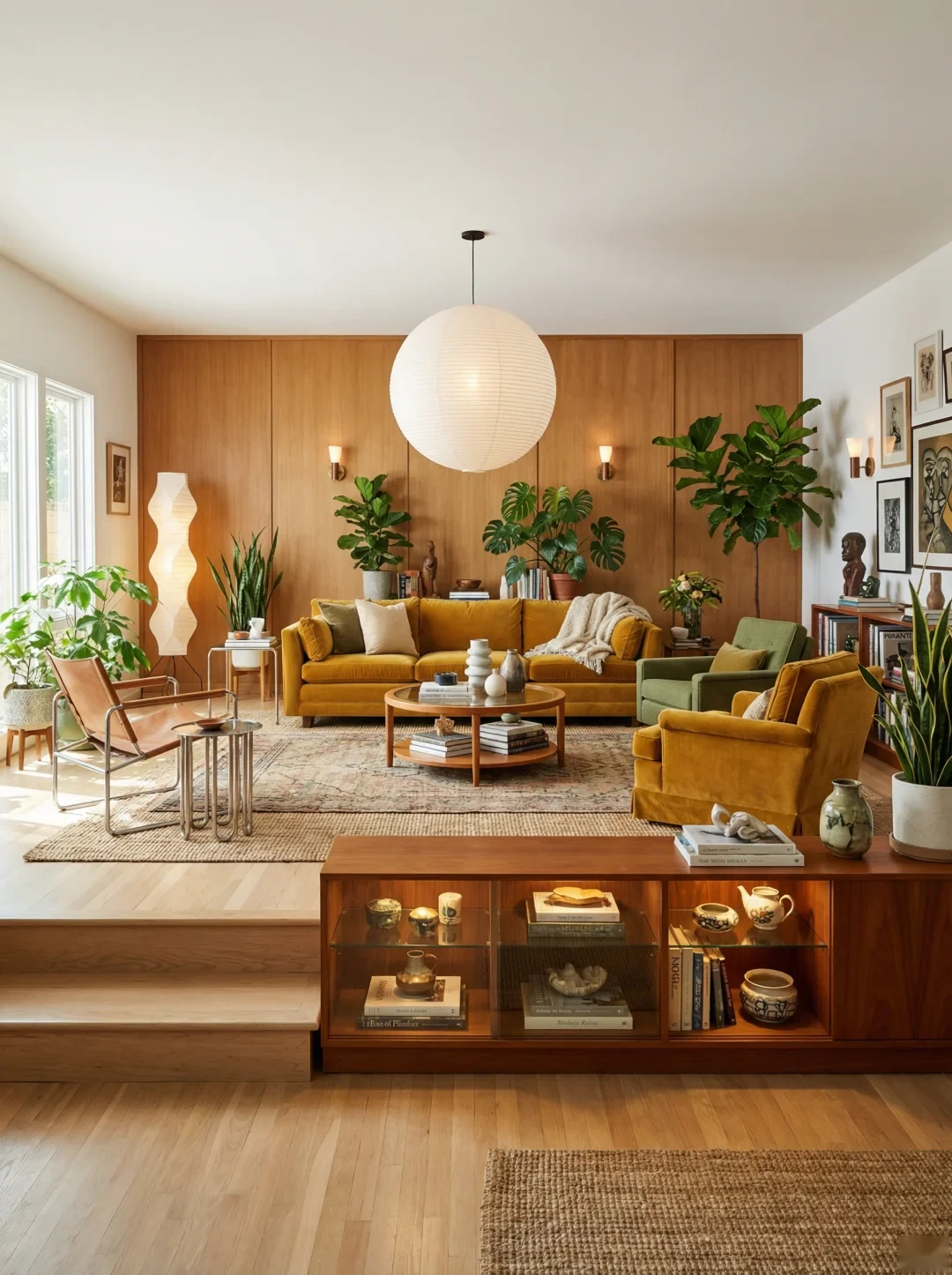 Mid-century living room with mustard sofa, wood wall panels and paper lantern pendant.