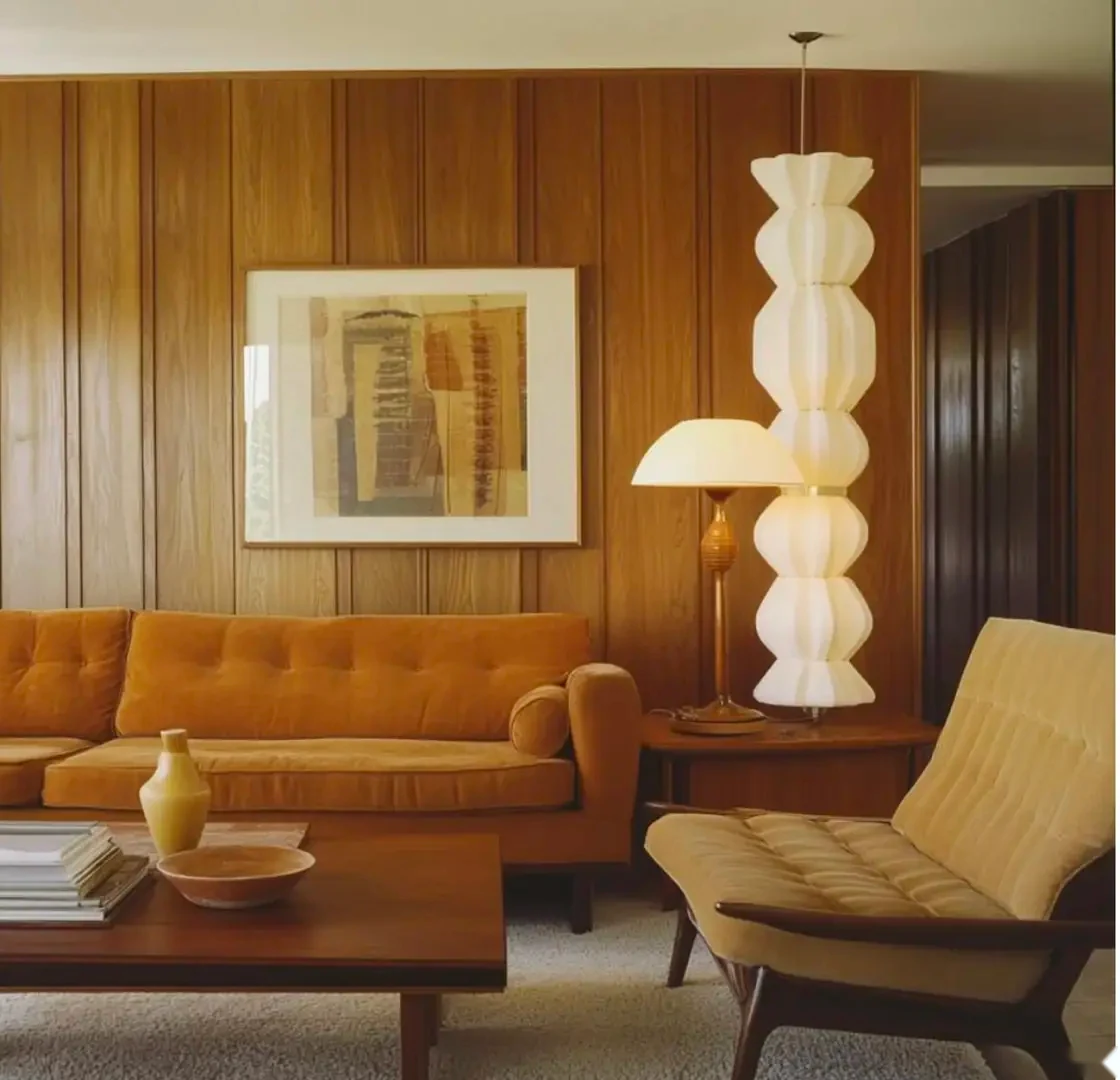 Vintage-inspired living room with amber sofa, wood panels and sculptural pendant.