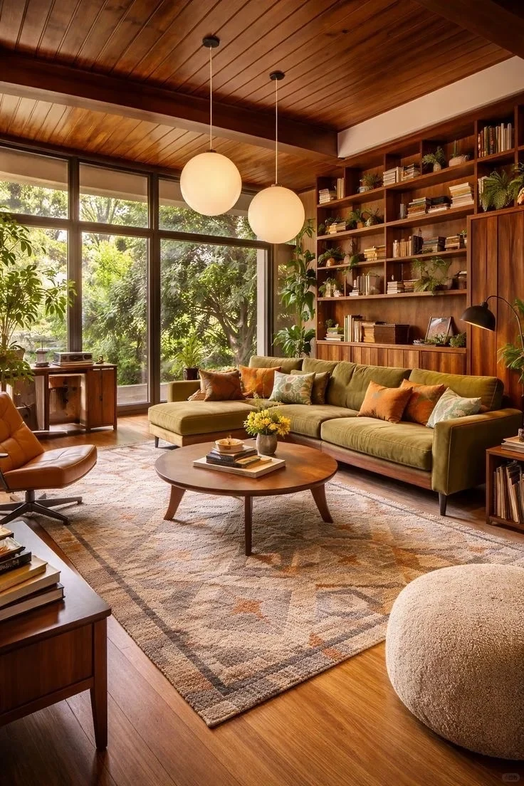 A softer living-room interpretation with low furniture, warm materials and collected artwork.
