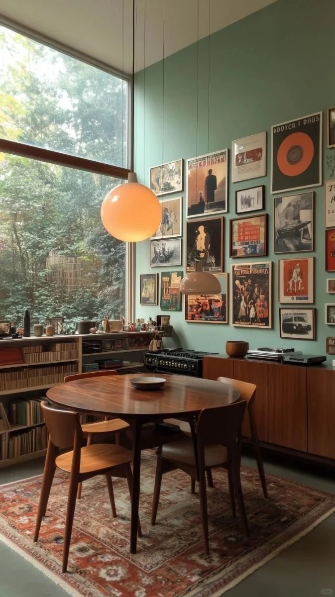 A compact dining corner with warm wood furniture, artwork and a sculptural pendant.