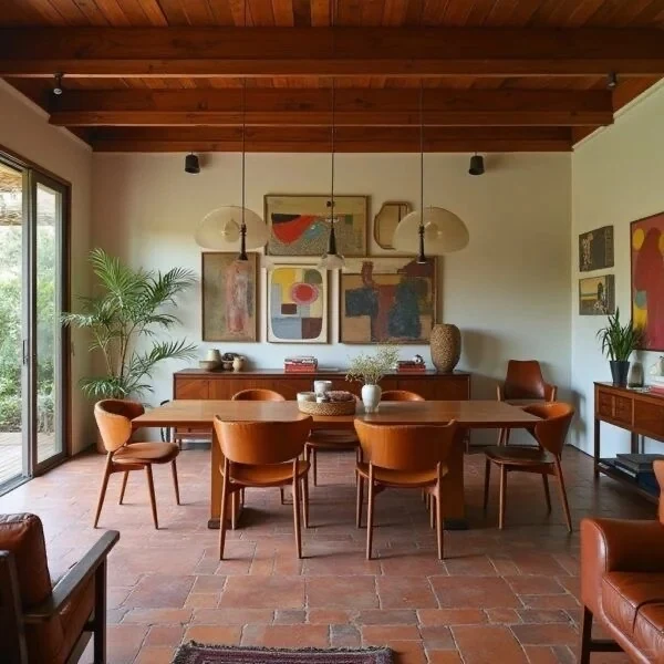 A coordinated dining space with timber chairs and warm architectural finishes.