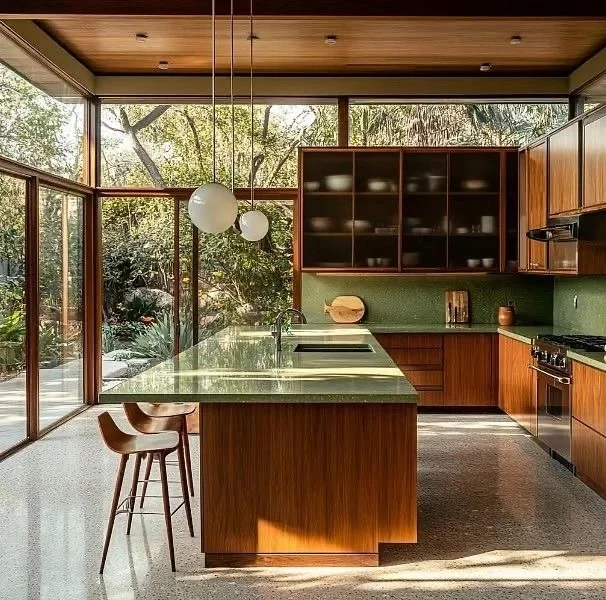 Mid-century-inspired kitchen with wood cabinetry, green tiles and abundant daylight