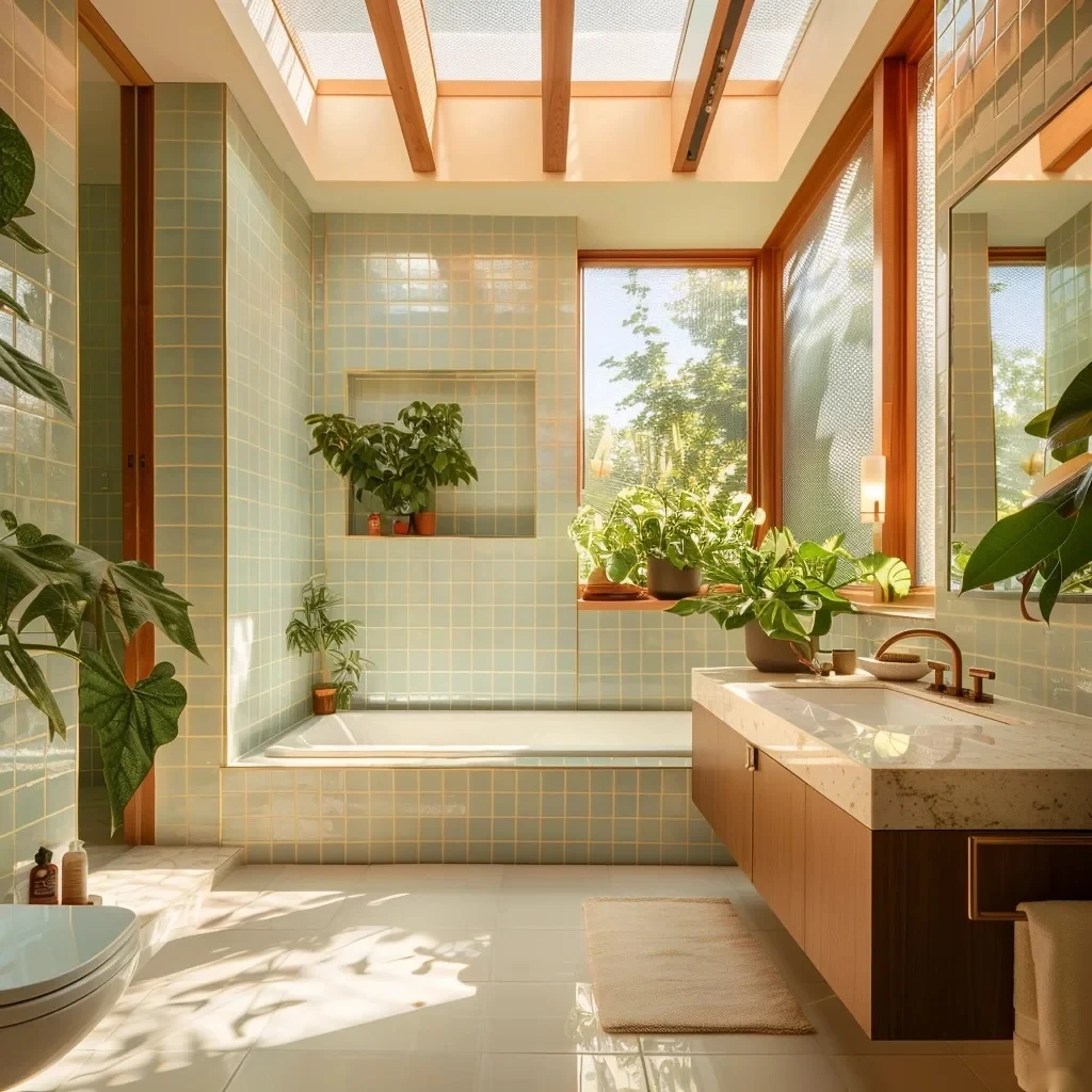 Bathroom 05: green tile, wood details and abundant daylight.