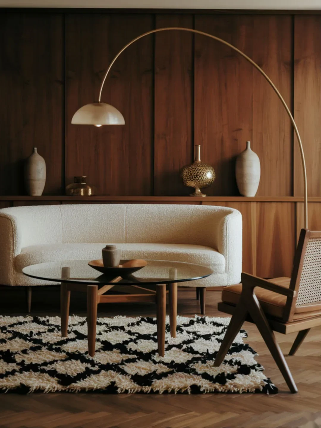 Walnut-paneled living room with cream boucle sofa, glass coffee table and curved wood chair.