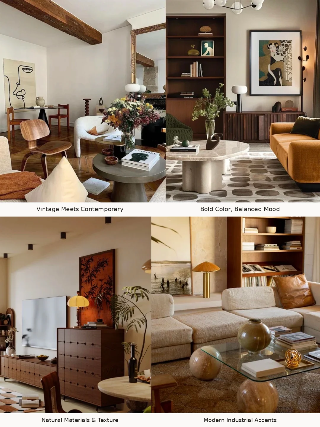 Four mid-century and contemporary room styling approaches with all labels in English.
