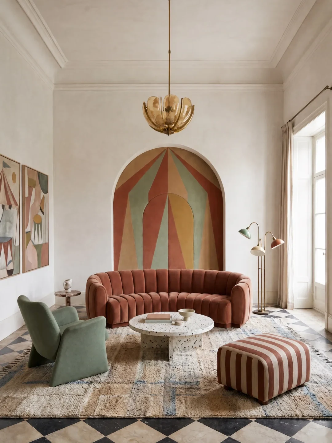 Contemporary retro living room with curved terracotta sofa, terrazzo coffee table and striped ottoman.