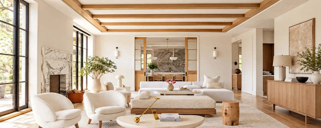 Panoramic modern living room with oak ceiling beams, natural daylight, cream boucle chairs, sculptural tables, a marble fireplace and an adjoining dining room