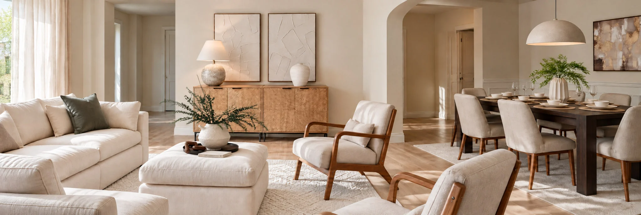 Wide organic modern living and dining room with ivory sofas, light timber, sculptural pendant lighting and natural daylight