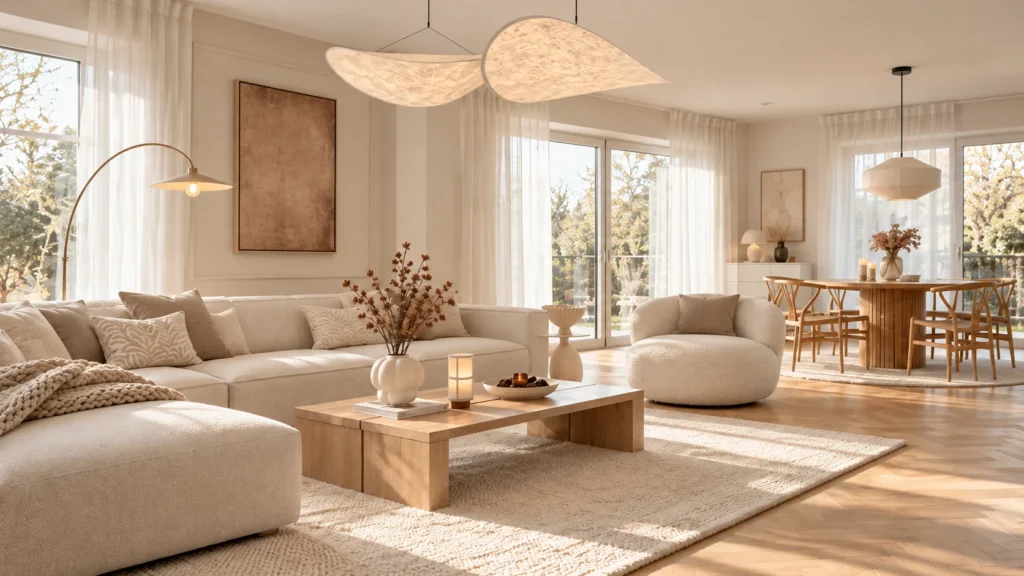 Sunlit Scandinavian living and dining room with neutral upholstery, light wood furniture and sculptural lighting