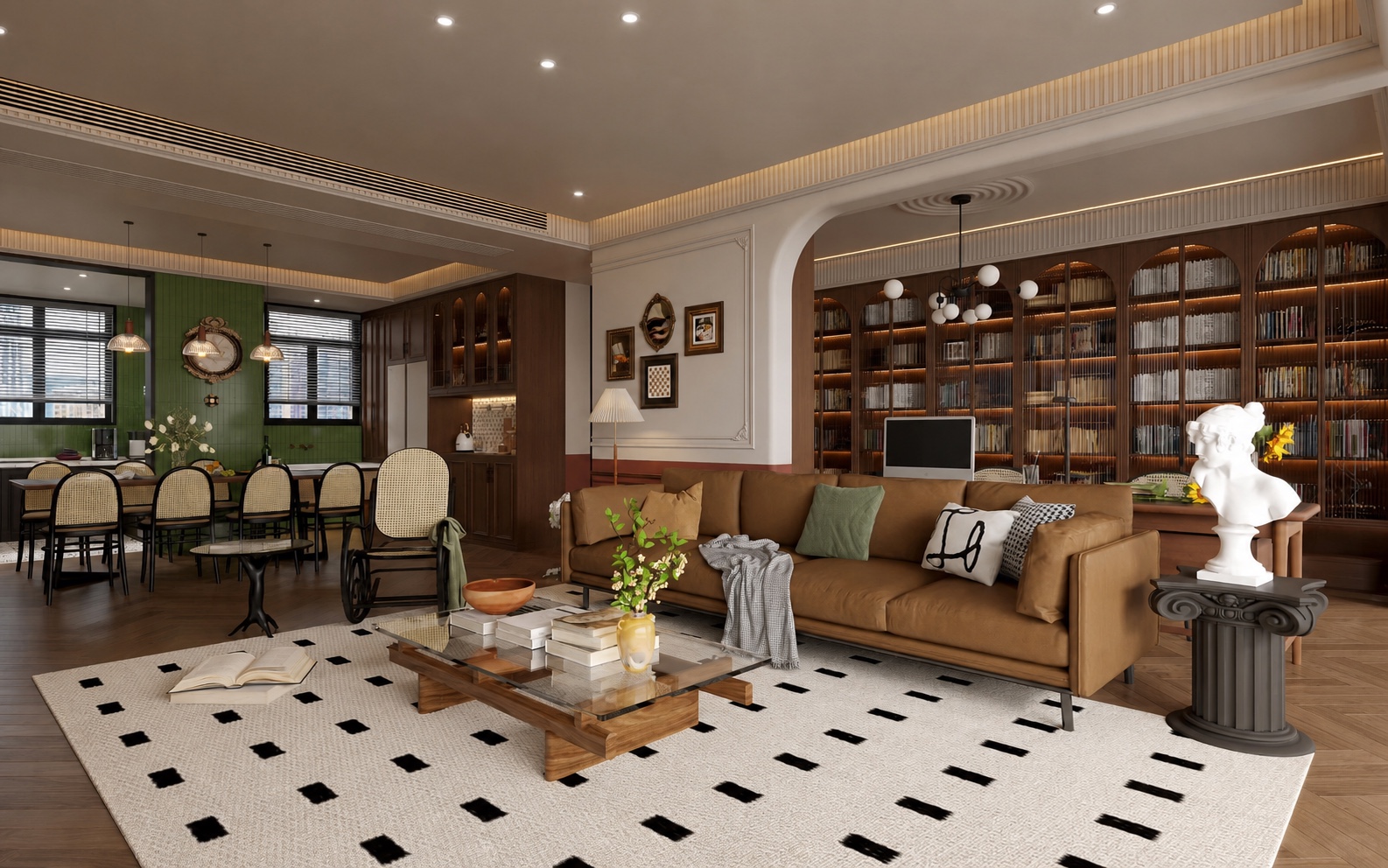 Open-plan American vintage living and dining room with leather seating, arched bookcases and green kitchen accents