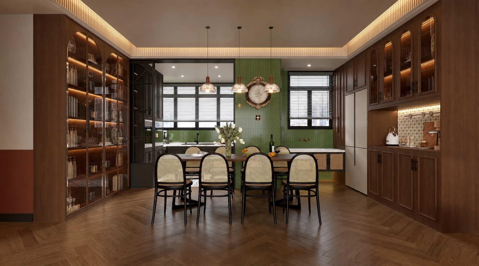 Warm wood dining room with cane chairs, illuminated display cabinets and muted green kitchen wall