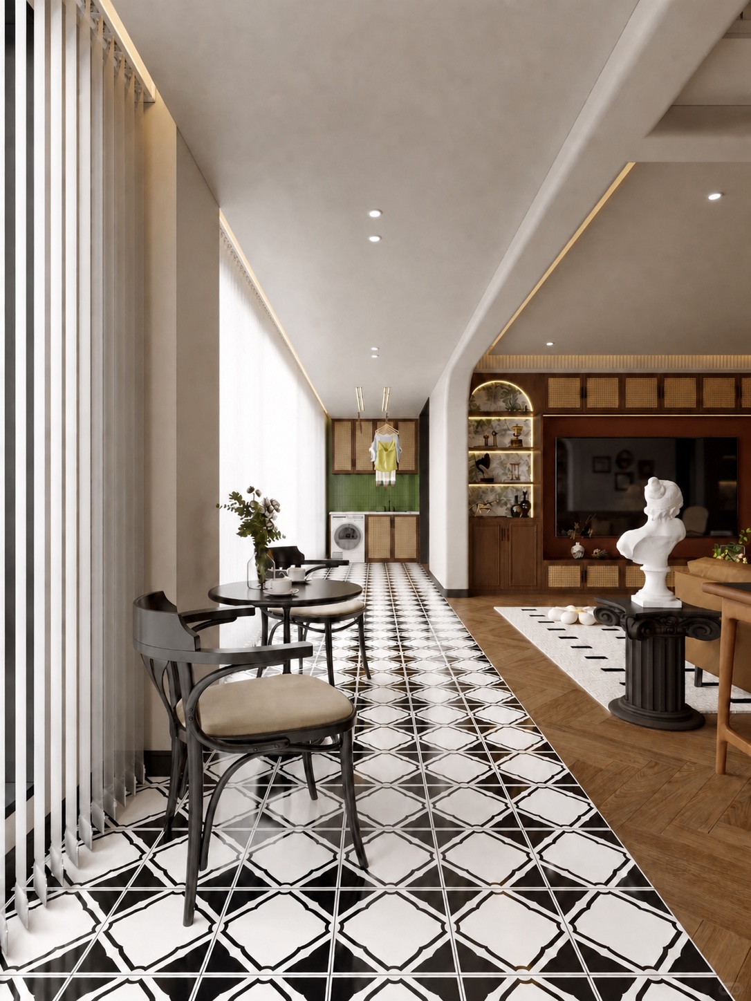 Patterned black-and-white tiled breakfast nook beside a warm wood American vintage living room