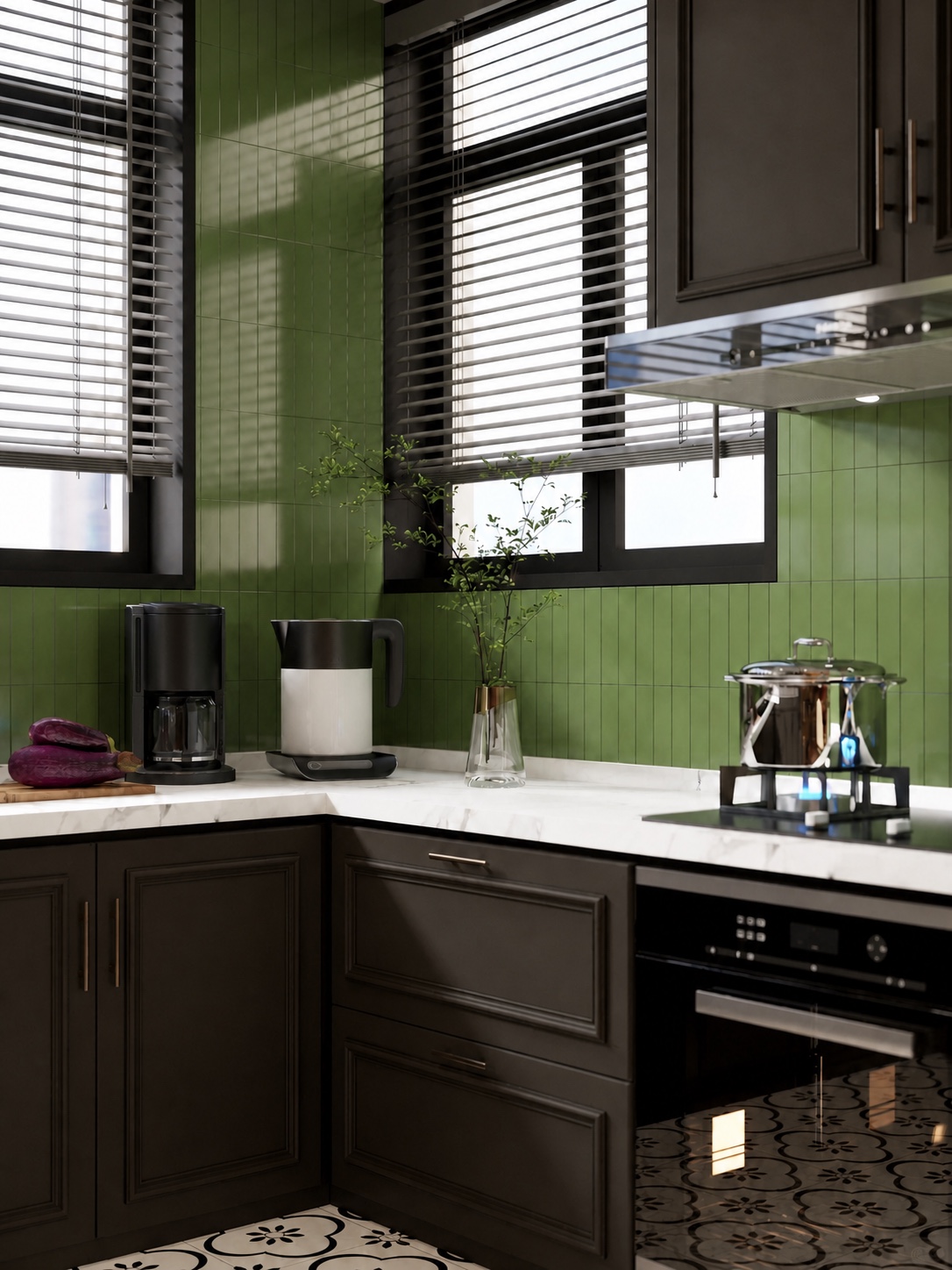 Unbranded green tiled kitchen with dark wood cabinets, white worktop and black window frames